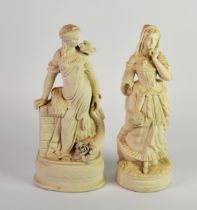 TWO NINETEETH CENTURY WHITE PARIAN FIGURES OF WOMEN, one modelled standing beside a pedestal