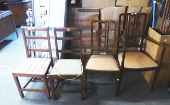 AN EDWARDIAN INLAID MAHOGANY DRAWING ROOM ARMCHAIR AND MATCHING SINGLE CHAIR, AND TWO SINGLE