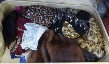LARGE CASE OF VINTAGE SCARVES/HATS/GLOVES AND HANDBAGS AND A FUR STOLE
