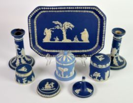 MATCHED FIVE PIECE ADAMS PORTLAND BLUE DIPPED JASPERWARE POTTERY DRESSING TABLE SET, comprising: