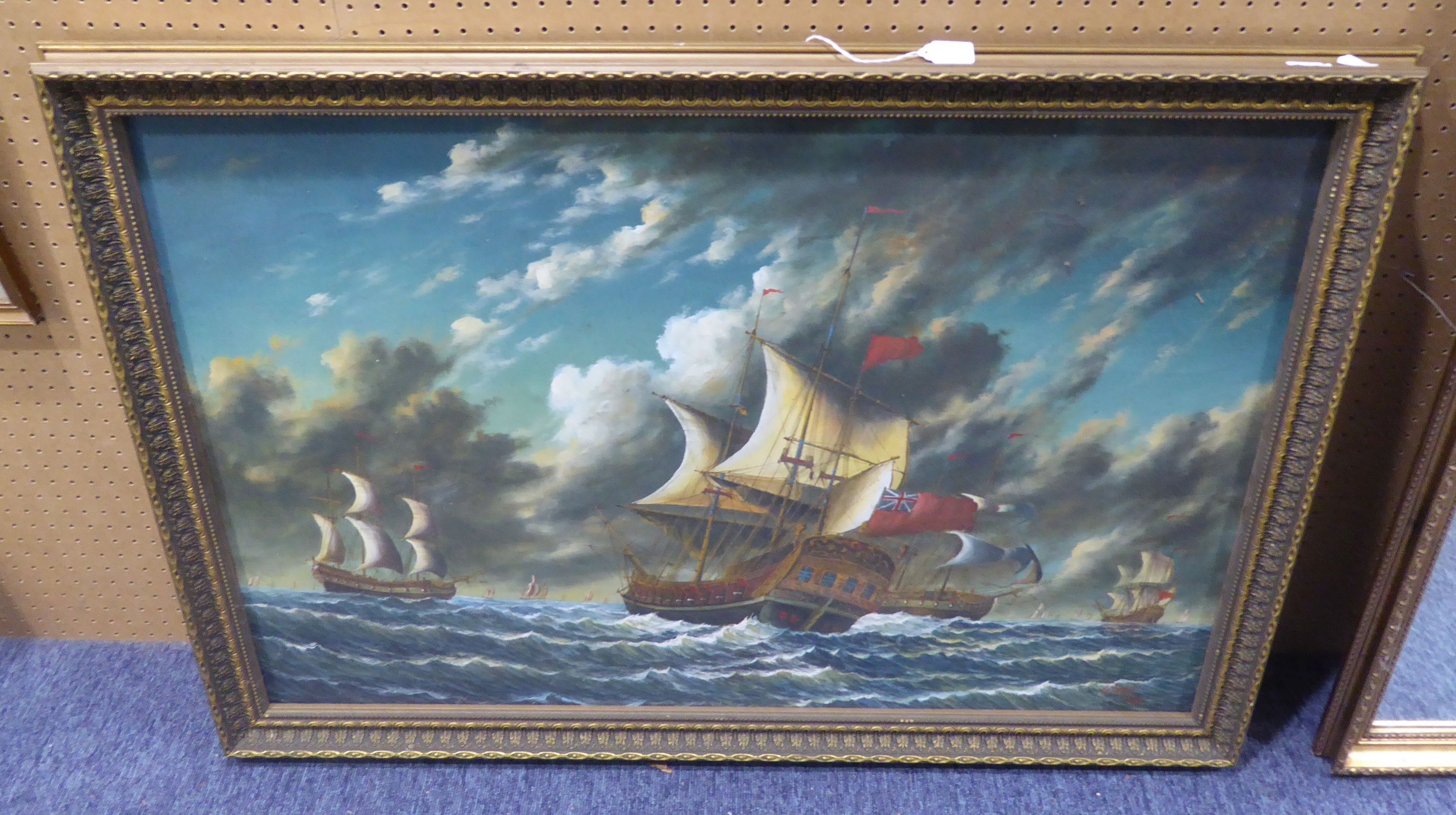 BRITISH SCHOOL (Modern) PASTICHE OIL PAINTING ON CANVAS Dutch school style seascape with man o' - Image 3 of 3