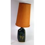 STUDIO POTTERY: Mid-century pottery lamp with hessian shade, baize to the base so maker unknown, (