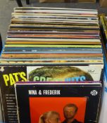 1 BOX LP's VARIOUS TO INCLUDE; 60 + BILL WYMAN, SIGNED PAT BOONE, SINATRA, CAT STEVENS ETC.....