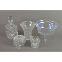 FOUR PIECES OF CUT GLASS, comprising: SQUARE DECANTER AND STOPPER, CUT FLOWER VASE, CIRCULAR JAR AND