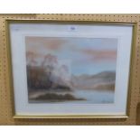 A WATERCOLOUR DRAWING LANDSCAPE WITH LAKE SIGNED LOWER RIGHT
