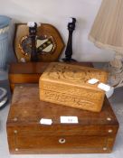 A VICTORIAN WRITING BOX, WITH MOTHER O'PEARL DISC INLAY, A PAIR OF DARKWOOD CANDLESTICKS, A SMALL