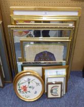 AN EGYPTIAN PHARAOH PRINTED ON PAPYRUS FRAMED AND GLAZED AN ORIENTAL WOVEN PICTURE , FLOWERS AND