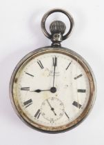 SILVER POCKET WATCH: Lancashire Watch Co. crown wind open-faced pocket watch, the roman dial