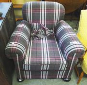 A 1930's ROLL-ARM EASY ARMCHAIR, RE-UPHOLSTERED IN BROWN, CREAM AND PINK CHEQUERED FABRIC