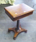 AN OAK WORK TABLE WITH HINGED LID, RAISED ON SPIRAL CENTRAL COLUMN WITH QUARTETTE BASE