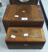 A WALNUT VENEERED WITH TUNBRIDGE INLAID BANDING LADY'S SEWING BOX, WITH FITTED REMOVABLE TRAY,