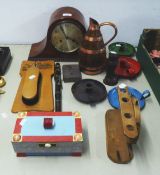 SMALL SELECTION OF COLLECTABLES TO INCLUDE; NAPOLEON HAT MANTEL CLOCK, 4 OLD ENAMEL CANDLE
