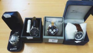 FOUR MENS WATCHES TO INCLUDE; GUESS, NEXT CHRONOGRAPH, LORUS CHRONOGRAPH, ROTARY CHRONOGRAPH (ALL