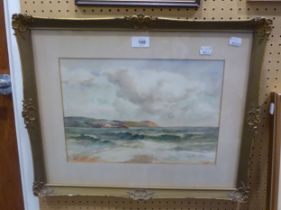 WATERCOLOUR COASTAL SCENE INDISTINCTLY SIGNED FRAMED AND GLAZED