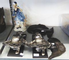 TWO RESIN BALLERINAS AND TWO RESIN FEMALE HEAD PLAQUES AND A FIGURE OF A VICTORIAN LADY WITH FLOWERS