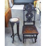 AN EARLY TWENTIETH CENTURY ORIENTAL JARDINIERE STAND, ALSO A CIRCA 1900 CARVED OAK SINGLE CHAIR (2)