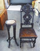 AN EARLY TWENTIETH CENTURY ORIENTAL JARDINIERE STAND, ALSO A CIRCA 1900 CARVED OAK SINGLE CHAIR (2)