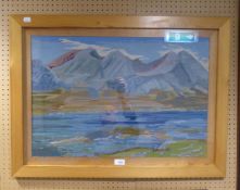 A PICTORIAL NEEDLEWORK TAPESTRY, MOUNTAINOUS LANDSCAPE PINE FRAME AND GLAZED 18" X 26"