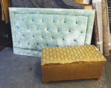 PLUSH VELVET BUTTONED BACK DOUBLE HEADBOARD, IN LIGHT GREEN AND AN OTTOMAN BOX (2)