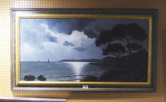 OIL ON CANVAS SIGNED FRANCIS MOONLIGHT SEASCAPE 45cm x 91cm