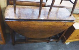 A GEORGE III OAK DROP-LEAF DINING TABLE, HAVING SINGLE DRAWER AND RAISED ON SQUARE SUPPORTS