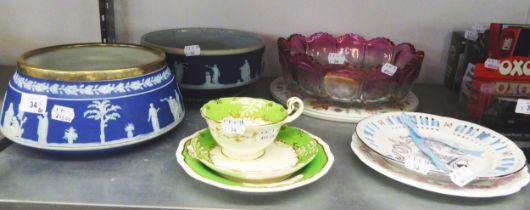 TWO WEDGWOOD PORTLAND BLUE JASPERWARE BOWLS, A MINTON CAKE PLATE, A LARGE GLASS FRUIT BOWL ETC.....