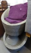 TWO WOODEN TUB SHAPED GARDEN CHAIRS AND A STOOL (3)