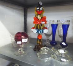 MURANO GLASS CLOWN, 36" HIGH, A PAIR OF BLUE GLASS POSY VASES, PAIR OF MOULDED ETCHED GLASS CELERY