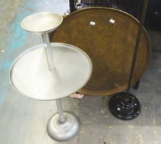 A RETRO STAND WITH ASHTRAY AND SHELF, ALUMINIUM CONSTRUCTION, 28" HIGH,  13 1/2" DIAMETER SHELF,