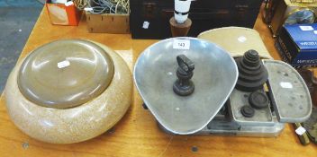 VINTAGE VANDOME AND HART LTD. SCALES, AND VARIOUS WEIGHTS, A MOTTLED GLASS CEILING LAMP SHADE AND