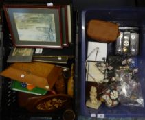 TWO BOXES OF PHOTO FRAMES, PLINTHS, PLATED WARES ETC.. AND A SELECTION OF WICKER BASKETS AND VINTAGE