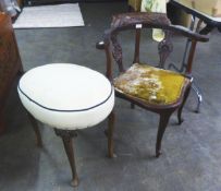MAHOGANY CARVED CORNER CHAIR AND A MAHOGANY OVAL DRESSING TABLE STOOL ON CARVED CABRIOLE LEGS (2)
