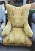 VICTORIAN FIRESIDE CHAIR, WITH V-SHAPED BACK AND BROAD SEAT