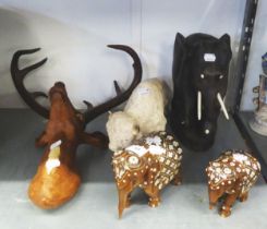 RESIN STAG HEAD, CERAMIC BULL. TOGETHER WITH THREE WOODEN ELEPHANTS (5)