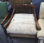 1930's STAINED BEECH BERGERE CHAIR AND 2 OAK ARM EASY CHAIRS, (UPHOLSTERY PROJECTS)
