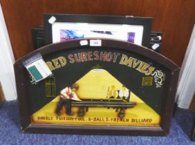 FRED DAVIES FRENCH BILLARDS PAINTED WOODEN SIGN WITH CIGARETTE CARDS TOGETHER WITH SIX ARTHUR ROBINS