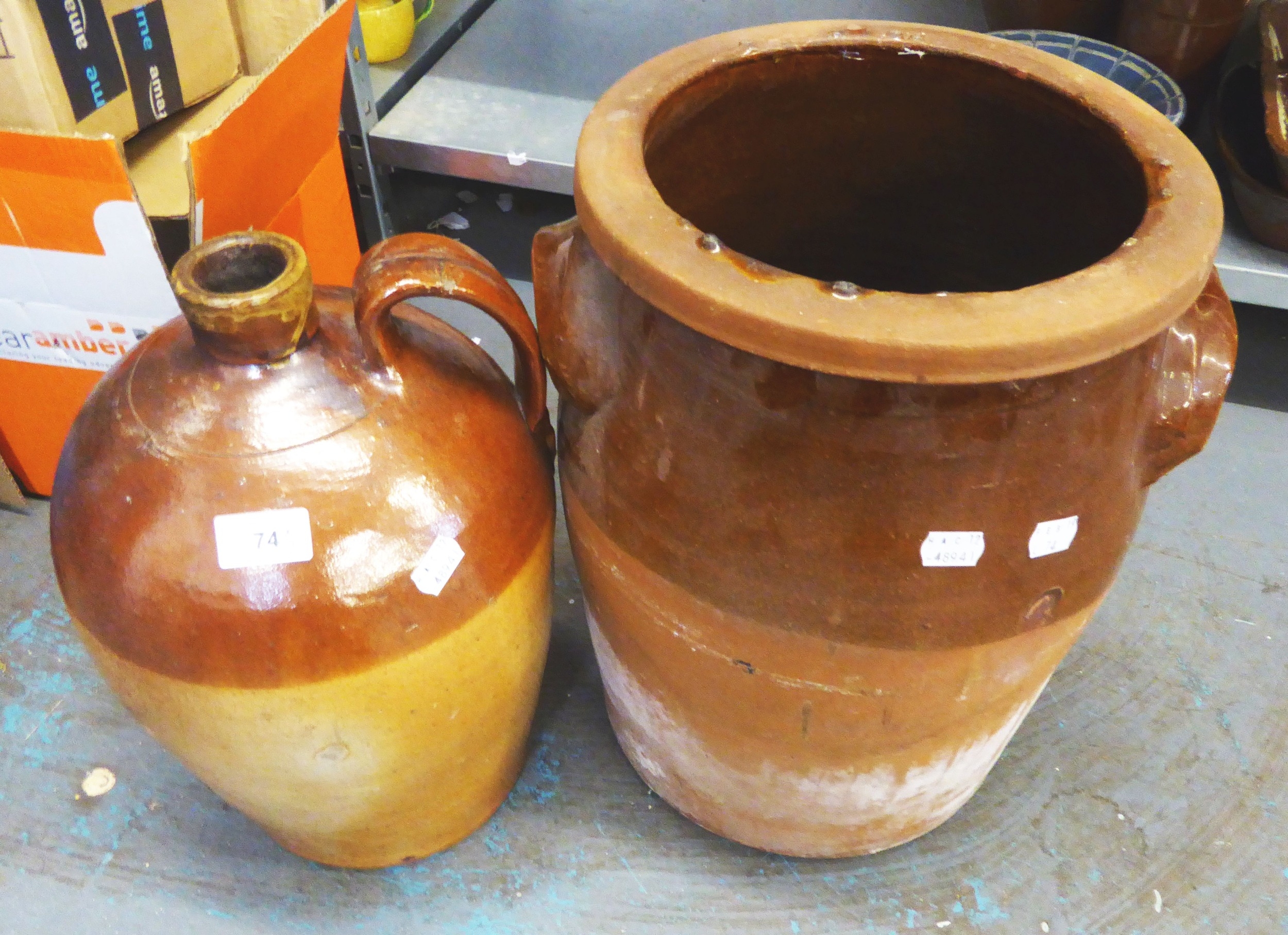 A STONEWARE WATER FLAGON AND A SIMILAR LARGE BREAD CROCK (2)