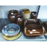 SLIP WARE TO INCLUDE; TWO EWENNY PLATES, BARNSTAPLE DISH, STORAGE JARS ETC,.....