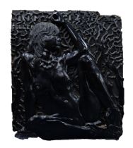 MODERN WELL CARVED WOODEN BLACK JAPANNED BAS-RELIEF OF A YOUNG SQUATTING NAKED FEMALE AGAINST