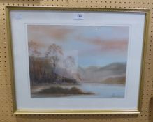 A WATERCOLOUR DRAWING LANDSCAPE WITH LAKE SIGNED LOWER RIGHT