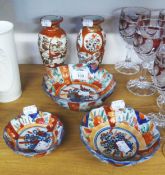 PAIR OF SMALL KUTANI PORCLEAIN VASES, and a GRADUATED SET OF THREE IMARI SMALL DISHES, (5)