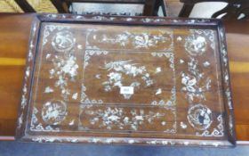 CHINESE HARDWOOD TRAY, INLAID WITH MOTHER O'PEARL, WITH FLORAL DESIGN (A.F.) 62cm x 39cm