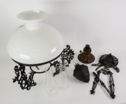 DUTCH ART NOUVEAU ADJUSTABLE CEILING LIGHT, with foliate and scroll pierced black metal frame,