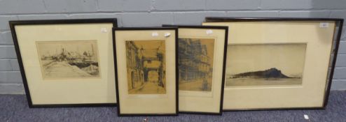 DRYPOINT ETCHINGS; FOUR ASSORTED NINETEENTH AND TWENTIETH CENTURY PRINTS AND ETCHINGS VARIOUS