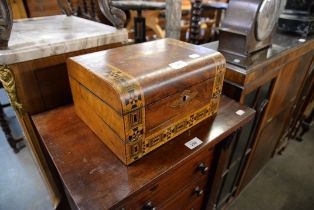 A VICTORIAN TUNBRIDGE WARE WRITING SLOPE/BOX, HAVING MOTHER O'PEARL INSET (NEEDS ATTENTION)