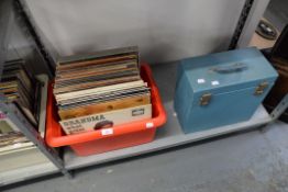 FULL BOX OF RECORDS (LPs) AND VINTAGE RECORD CASE OF 10" SHELLAC RECORDS