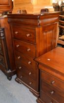 MODERN MAHOGANY FIVE DRAWER WELLINGTON STYLE CHEST, WITH SECRET OGEE FRIEZE DRAWER AND ON BRACKET