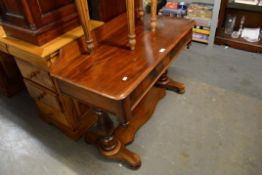 VICTORIAN MAHOGANY TWIN PILLAR SIDE TABLE, WITH FRIEZE DRAWER, 41 1/2" (105.5cm) wide