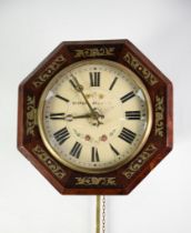 NINETEENTH CENTURY BRASS INLAID ROSEWOOD POSTMAN’S WALL CLOCK, the 9” painted Roman dial with GEORGE