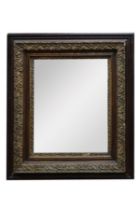 EDWARDIAN WALL MIRROR: Early 20th century stained oak and gilt framed rectangular wall mirror, 30 ¾”